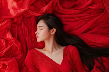 A woman dressed in red rests peacefully against a vibrant red fabric background, exuding calmness and poise.
