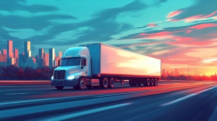 A vibrant depiction of a truck driving on a highway with a city skyline at sunset, showcasing a blend of colors and dynamic motion