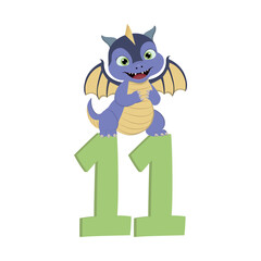 Cute cartoon dragon with number 11 for birthday.