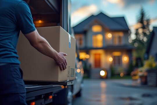 A person loading a large box from a delivery truck to a house, set against a soft evening light, portraying a moment of delivery in a serene neighborhood