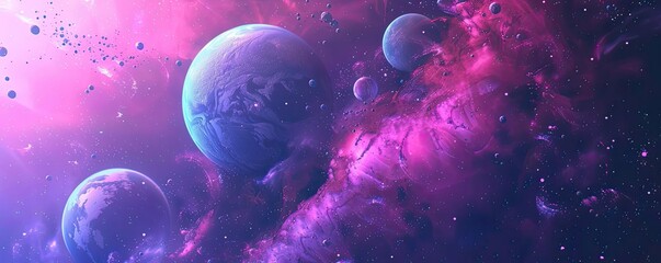 A vibrant cosmic scene featuring planets amidst colorful nebulas and galaxies, perfect for science fiction themes and space imagery.