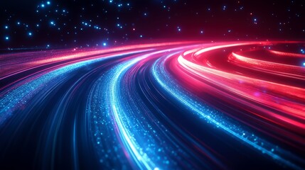 A dynamic blend of vibrant blue and red light trails, creating a sense of movement through a starry, cosmic background