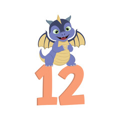 Cute cartoon dragon with number 12 for birthday.