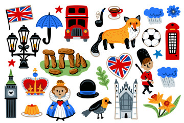 London set, United Kingdom Cartoon Icons Design Travel Concept. Red bus, castle, umbrella, crown. Travel landmarks vector illustrations.