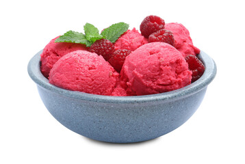 Delicious raspberry sorbet, fresh berries and mint in bowl isolated on white