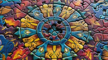 Jigsaw puzzle pieces forming a colorful mandala pattern, with intricate shapes and designs