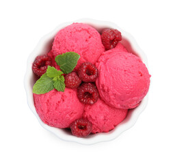Delicious raspberry sorbet, fresh berries and mint in bowl isolated on white, top view