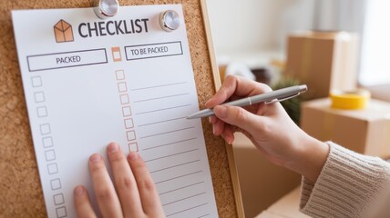 A person is filling out a packing checklist on a corkboard, organized into two sections labeled 'Packed' and 'To Be Packed.