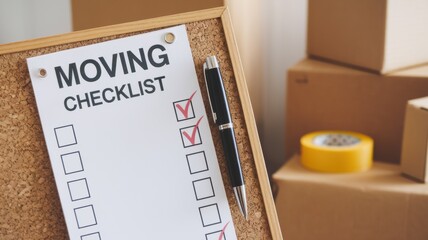 A moving checklist displayed on a corkboard with a pen beside it, surrounded by cardboard boxes and packing tape, suggesting preparation for a move.