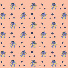 Seamless repeating pattern of dragons and stars.