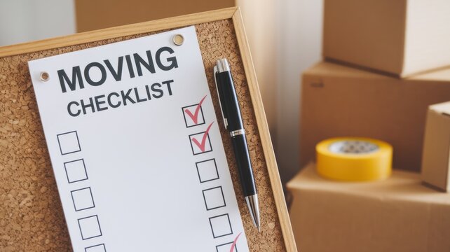 A moving checklist displayed on a corkboard with a pen beside it, surrounded by cardboard boxes and packing tape, suggesting preparation for a move.