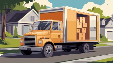 Obraz premium A vibrant illustration of an orange moving truck parked on a suburban street, with a partially open cargo area revealing stacked boxes inside