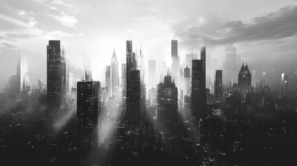 Grayscale city skyline, capturing an urban and modern vibe.