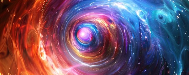 Vibrant abstract cosmic swirl blending colors of blue, orange, and purple, representing the mysteries of the universe.