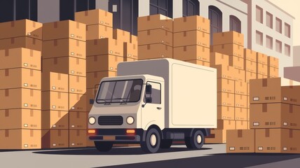 A delivery truck parked amidst a large stack of cardboard boxes in a warehouse setting, showcasing logistical operations and storage