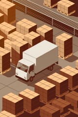 A top-down view of a warehouse with stacked boxes on pallets, featuring a delivery truck in the center, representing logistics and supply chain operations