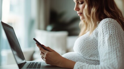 A pregnant woman sits comfortably on a couch, using her smartphone while working on a laptop. The image captures the essence of multitasking and modern maternal lifestyle.