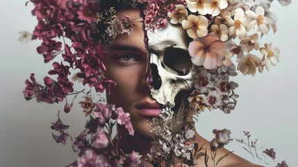 A striking portrait of a man with half his face as a skull, adorned with an array of flowers. This visually stunning image combines elements of life and death, offering a unique and thought-provoking