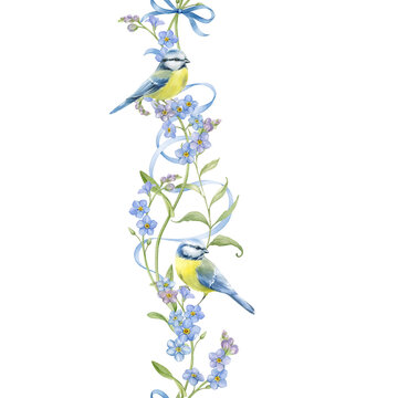 recommend clip art: Seamless border of forget-me-nots with tit birds, decorated with a blue ribbon. Watercolor