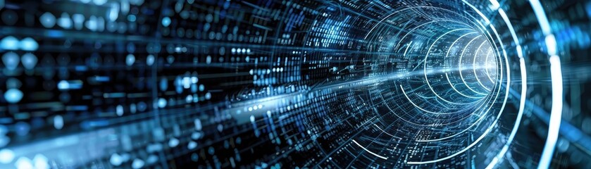 Obraz premium Futuristic tunnel with glowing lines, representing advanced technology and data flow in a virtual environment.