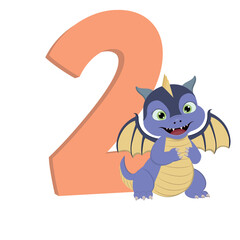 Cute cartoon dragon with number 2 for birthday.