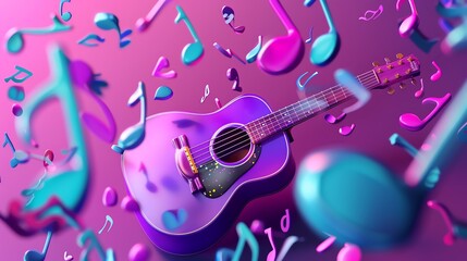 Fototapeta premium A purple acoustic guitar on a pink background with colorful music notes flying around it.