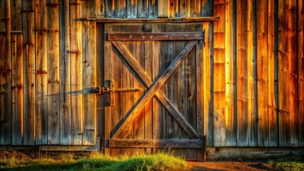 Weathered wooden barn door with rusted metal details catching the light