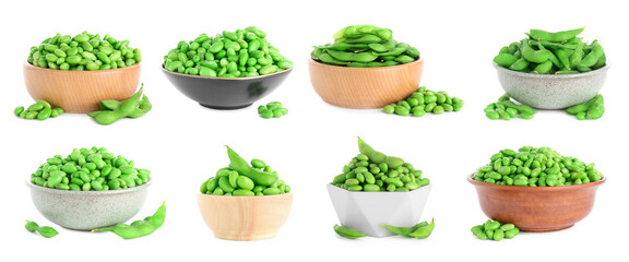Fresh green soy beans in bowls isolated on white