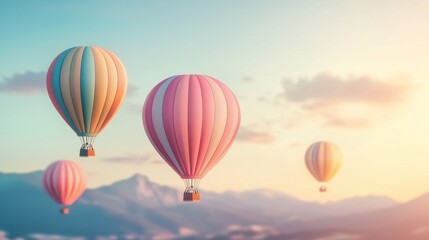 Fototapeta premium Pastel hot air balloons floating over mountains at sunrise