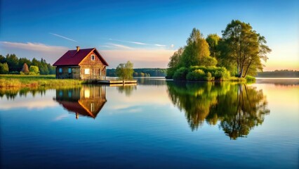 Obraz premium Tranquil lakeside landscape featuring a house on still water