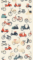 A colorful pattern of bicycles and scooters
