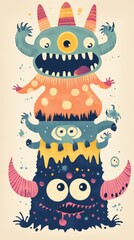 Obraz premium A cartoon drawing of three monsters stacked on top of each other