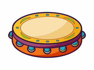 Tambourine. Percussion Musical instrument. A symbol of Mardi Gras, Brazilian carnival, festival. Flat decorative element. Vector illustration isolated on a white background
