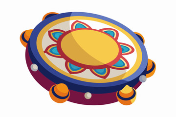Tambourine. Percussion Musical instrument. A symbol of Mardi Gras, Brazilian carnival, festival. Flat decorative element. Vector illustration isolated on a white background

