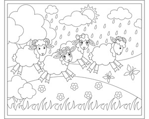 A herd of sheep runs away from the rain - a vector linear picture for coloring. Outline. Sheep and rams run across the meadow, it's raining - a picture for a children's coloring book	