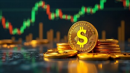 Glowing golden money coins with business diagram graph chart background.