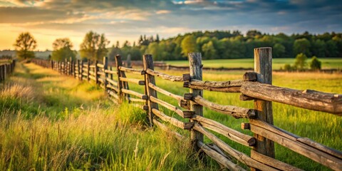 Fototapeta premium Rustic old fence in rural landscape with weathered pickets in focus