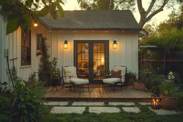 White farmhouse with modern accents, glass door, wooden deck, and patio seating under soft lighting, serene summer evening in California.