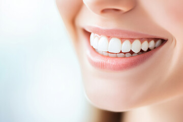 Fototapeta premium Bright female smile. Girl lips with open mouth with perfect teeth. Dental care and whitening healthy procedure. orthodontic treatment with teeth straightening Dentistry banner with copy space