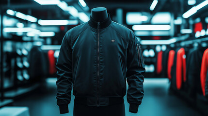3D mockup of a sleek bomber jacket displayed on a mannequin, with a store background featuring urban streetwear.