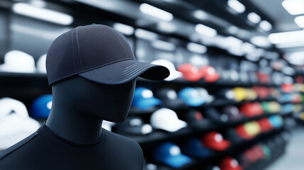 3D mockup of a stylish baseball cap displayed on a mannequin, with a sporty store background.