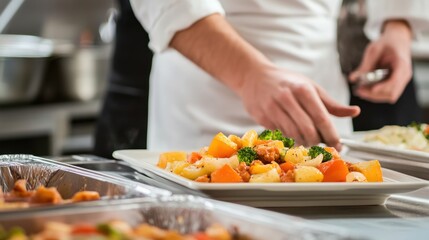 A Chef's Hand Reaching for a Plate of Roasted Vegetables