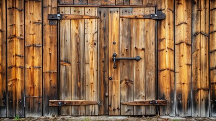Rustic and weathered wooden barn door with iron hinges