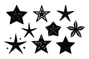 and drawn stars, rough doodle shapes. Freehand crayon pencil starry elements. Flat Vector illustration set white background