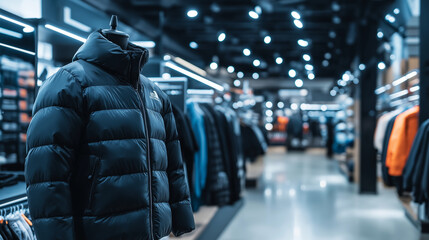 Fototapeta na wymiar 3D mockup of a fashionable puffer jacket displayed on a mannequin, with a store background featuring winter gear.