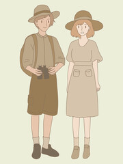 Happy man and woman in safari outfit with straw hat standing together. Explorer holding binoculars. Hand drawn flat cartoon character vector illustration.