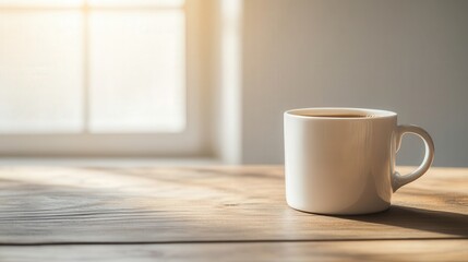 Cozy Coffee Moment, A warm coffee cup rests on a rustic wooden table, bathed in gentle sunlight, creating an inviting atmosphere perfect for relaxation and reflection.