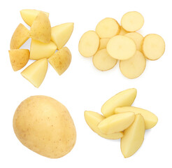 Fresh potatoes isolated on white, set. Different types of cuts and whole