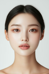 Fototapeta premium Beautiful Young Asian Woman with Clean, Healthy Skin on a White Background