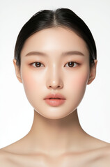 Obraz premium Beautiful Young Asian Woman with Clean, Healthy Skin on a White Background